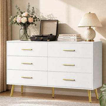 47" White Dresser with 6 Drawers & Modern Gold Handles