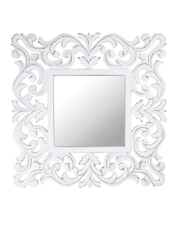 Lightnpro Hand Carved Farmhouse Wall Mirror - 18 Inch Square Antique White Wooden Frame, Rustic Decorative Mirror
