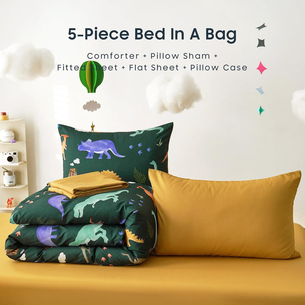Dinosaur Bedding Set for Boys, Cute Colorful Dinosaur Dino, Soft Lightweight Comforter Set with Sheets, 5 Pieces Kids