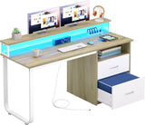 Computer Desk with Drawers, 47.2" Office Desk with Power Outlets & LED Light, Home Office Desk with Storage Shelves