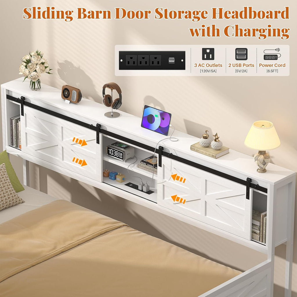 Farmhouse Twin Daybed with Pop-Up Trundle, White | Metal Trundle Bed Frame with Bookcase Headboard, Twin to King