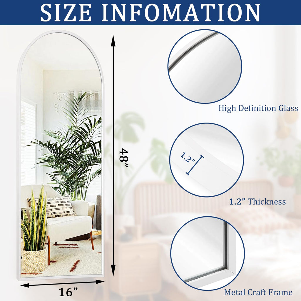White 48"x16" Arched Full Length Mirror, Large Bathroom Wall Mirror Metal Aluminum Frame Modern Simple Home Decor