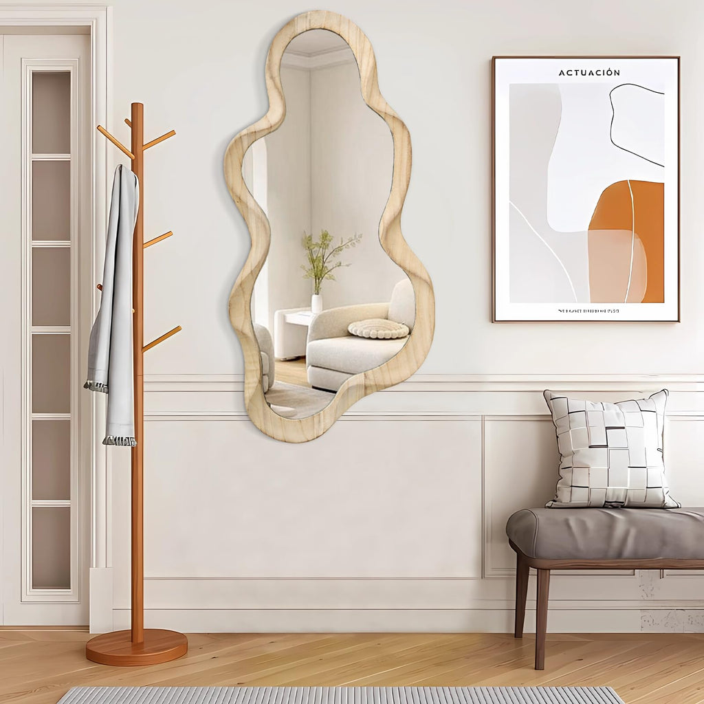 Asymmetrical Mirror for Wall Decor Large Modern Wooden Framed Wall Mirror