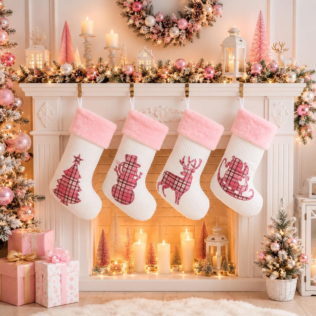 White Pink Buffalo Plaid Embroidered Christmas Stockings Set of 4