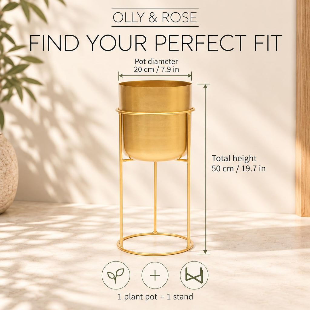 Matt Metal Plant Pot with Gold Plant Stand - Tall 20 Inch Height Large Plant Pot Indoors with Stand - Large