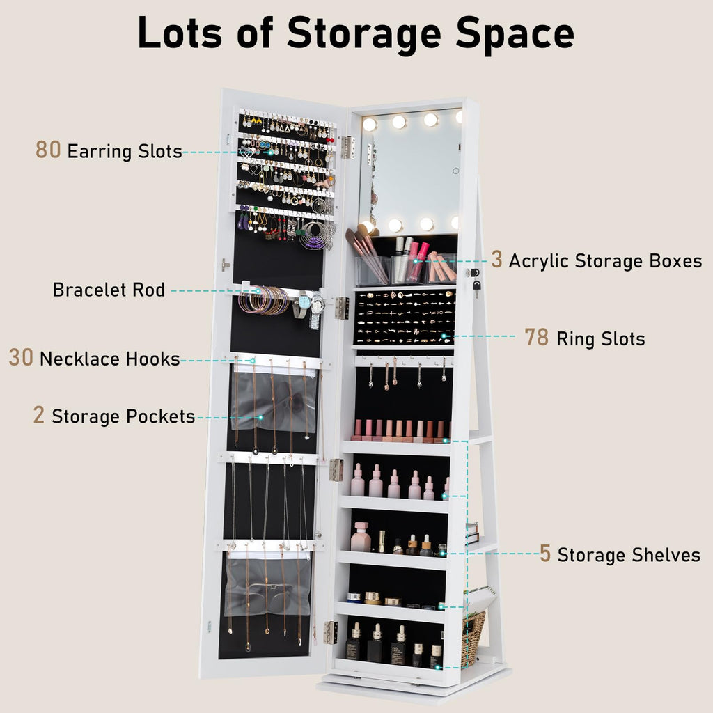 Swivel Jewelry Armoire with Full-Length Mirror & Lighted Makeup Mirror, 360° Rotating Jewelry Cabinet Organizer for