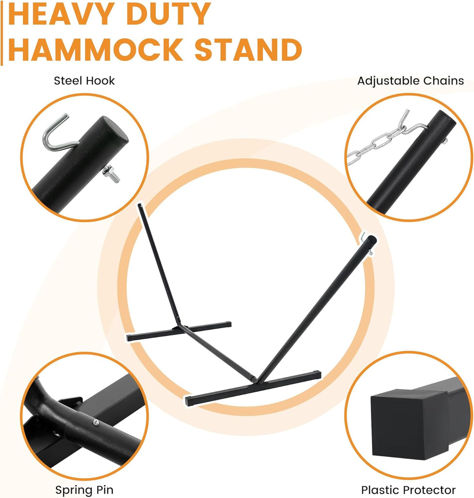 2 Person Portable Hammock with 12FT Stand, Double Hand Woven Cotton Rope Hammock with Detachable Quilted Pad & Pillow