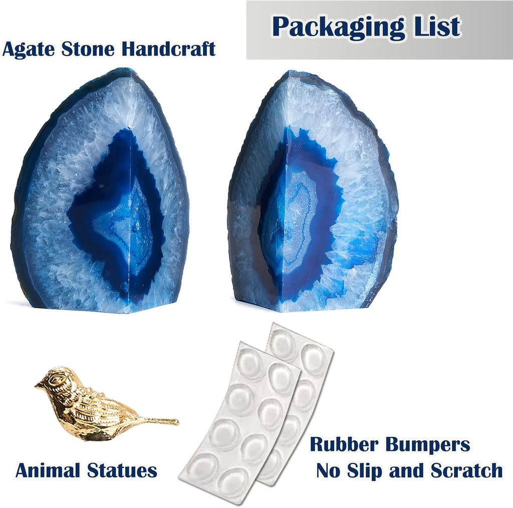 Blue Agate Bookends for Shelves, Geode Crystal Book Ends for Heavy Books, Stone Decor with Rubber Bumpers 1 Pair