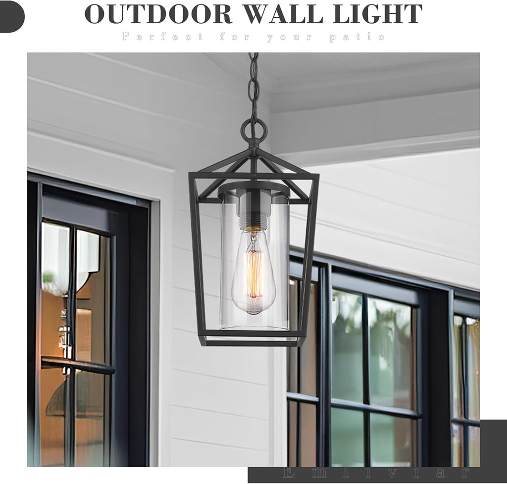 Modern Outdoor Pendant Light, 1-Light Outdoor Hanging Lantern Light in Black Finish with Clear Glass, 20065H BK