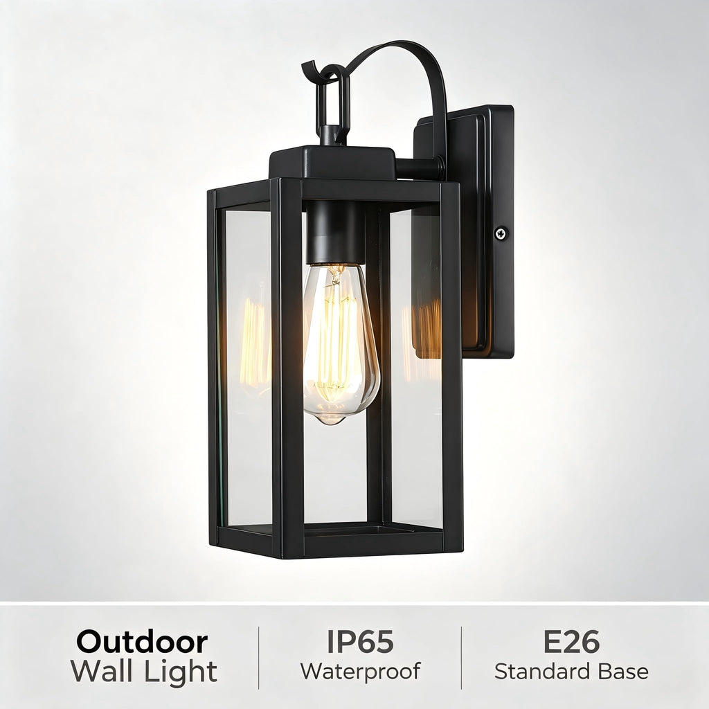Outdoor Wall Lantern, Matte Black Clear Glass Sconce