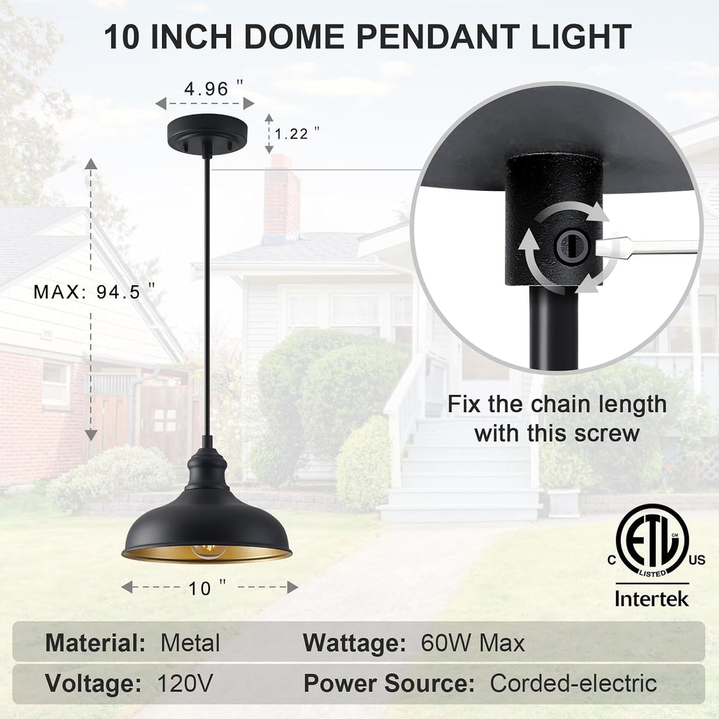 10in Dome Outdoor Pendant Barn Lights Black Kitchen Island Pendant Lamp with Brass Interior