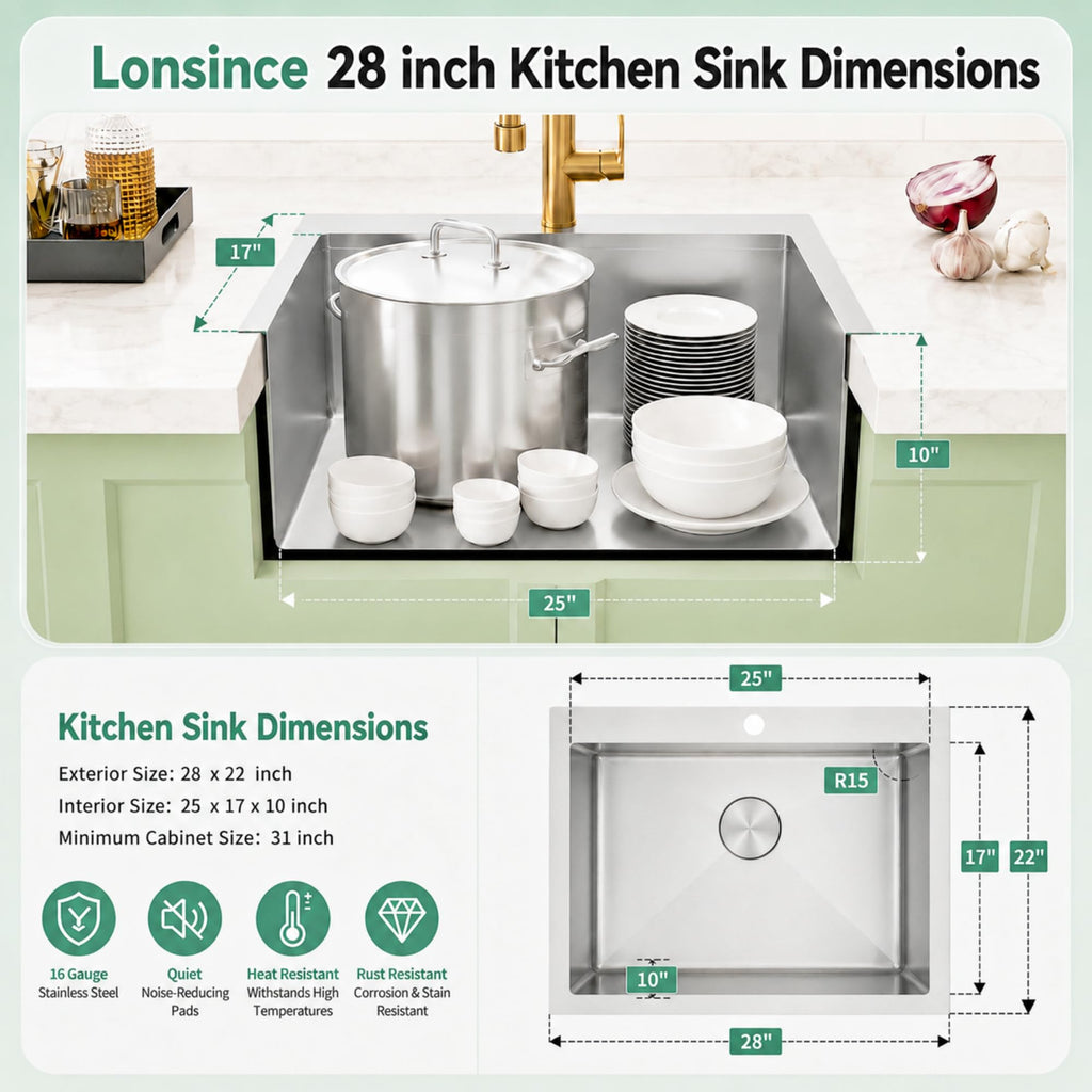 Drop In 28" X 22", Single Bowl Workstation Sinks