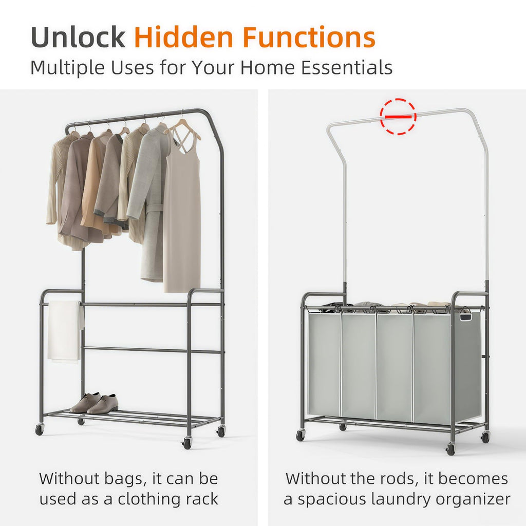 Laundry Hamper Sorter Cart, 4 Section Organizer with Hanging Bar