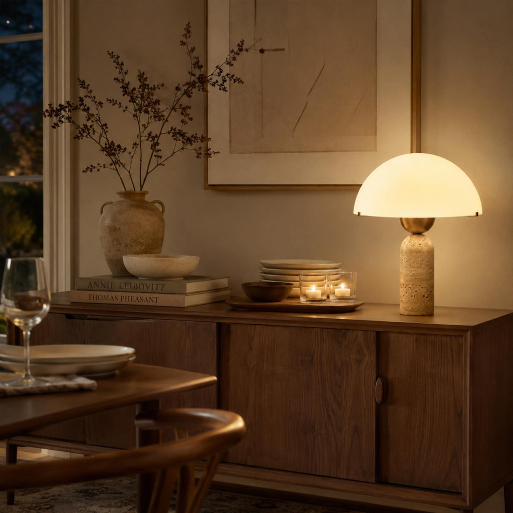 Natural Travertine Table Lamp, 14.5 in Dome Mushroom Nightstand Light