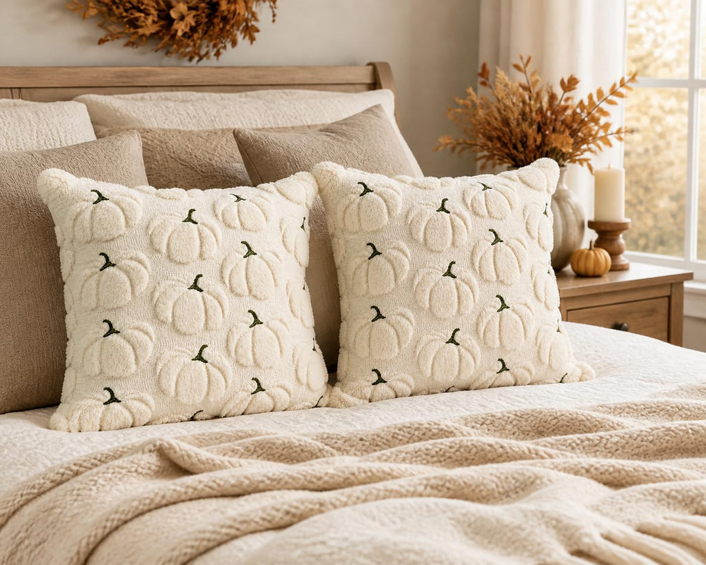 Fall Pillow Covers 18x18 Set of 2 Beige Pumpkin Decorations