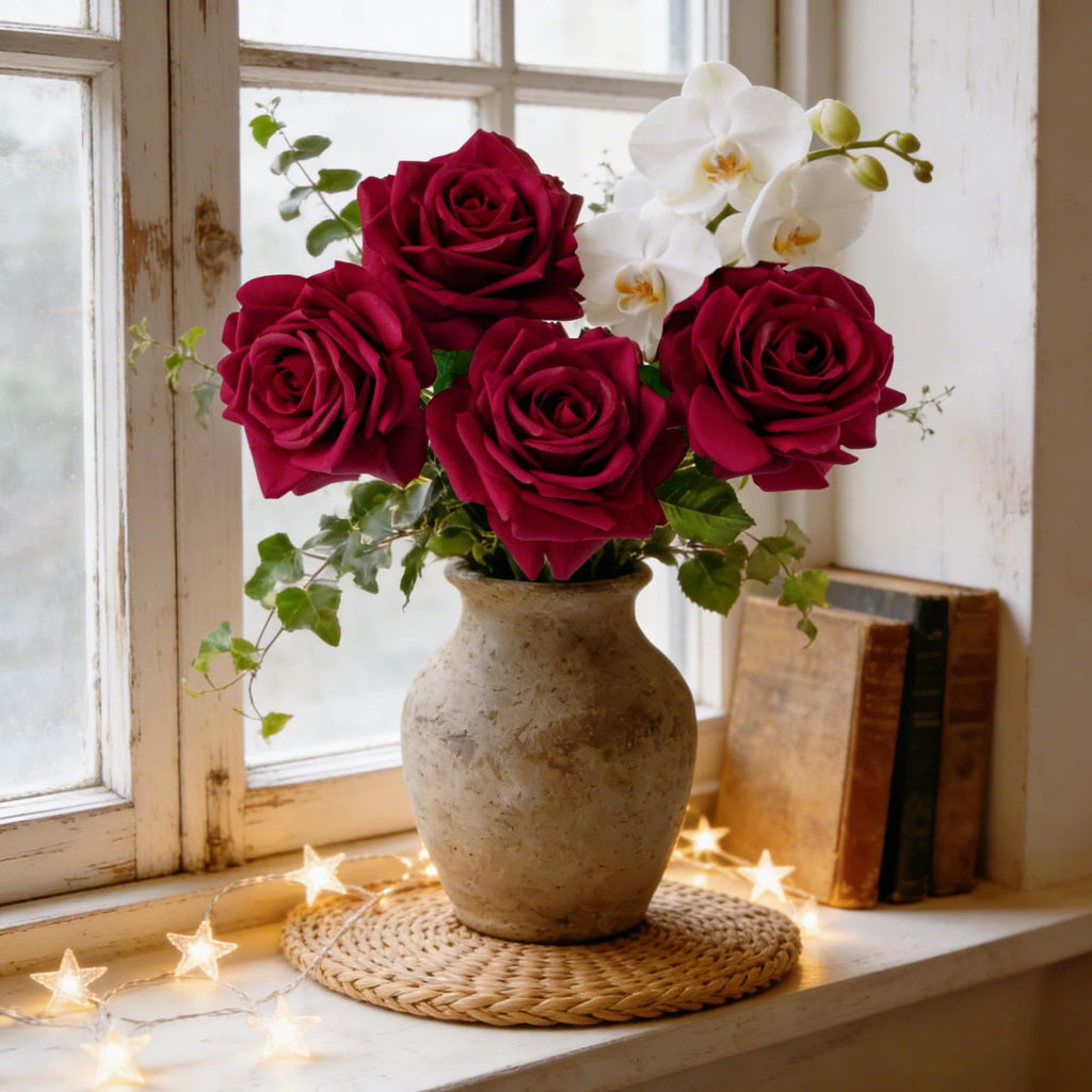 Real Touch Roses Artificial Flowers, 5Pcs Dark Red Faux Silk Rose