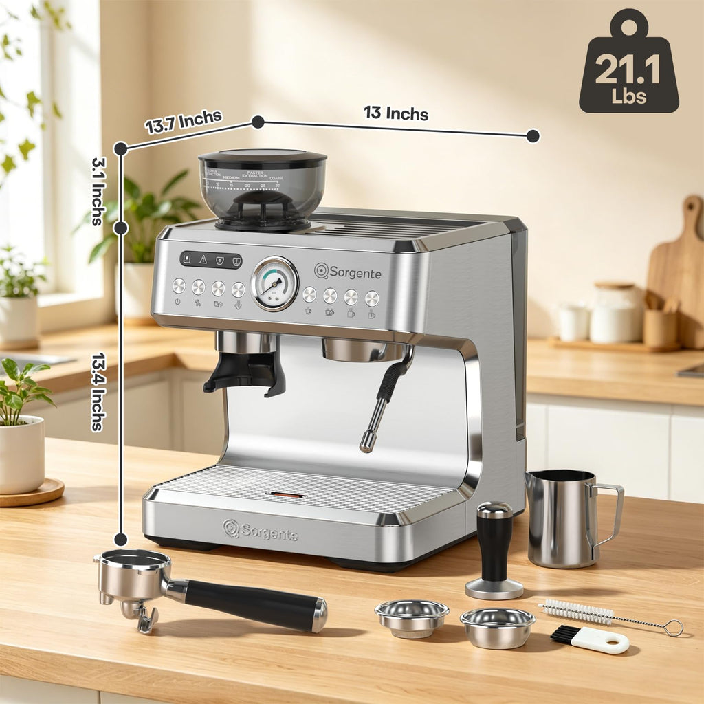 Espresso Machine with Grinder, Brushed Stainless Steel