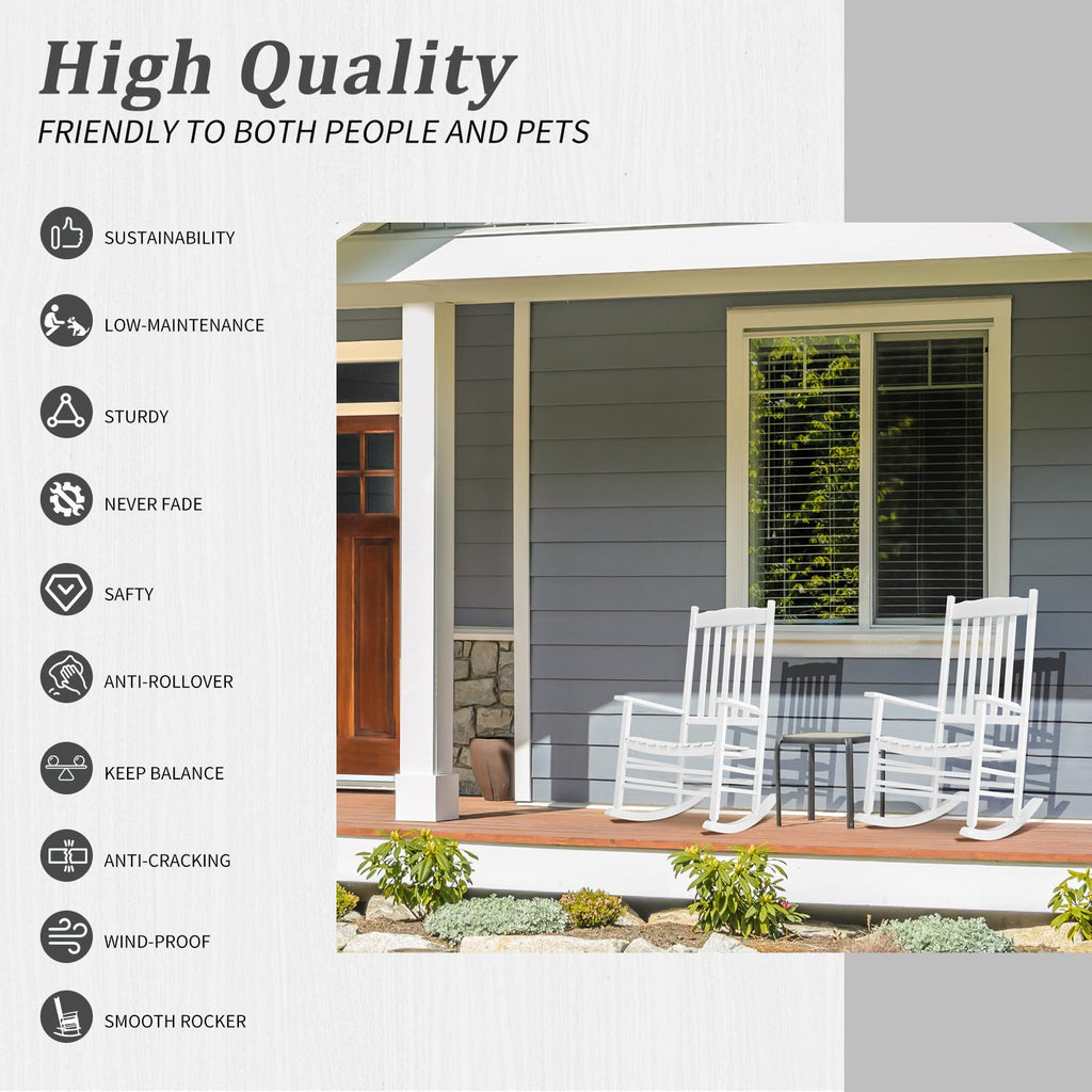 Outdoor Rocking Chair, Solid Wood High Back Rocker, White