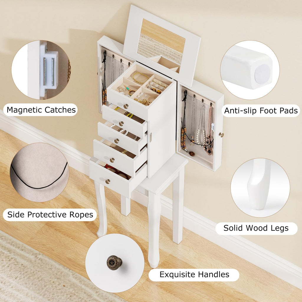 Standing Jewelry Cabinet Armoire with Top Flip Mirror, Jewelry Box Chest with 4 Drawers, Top Compartments, 8 Necklace