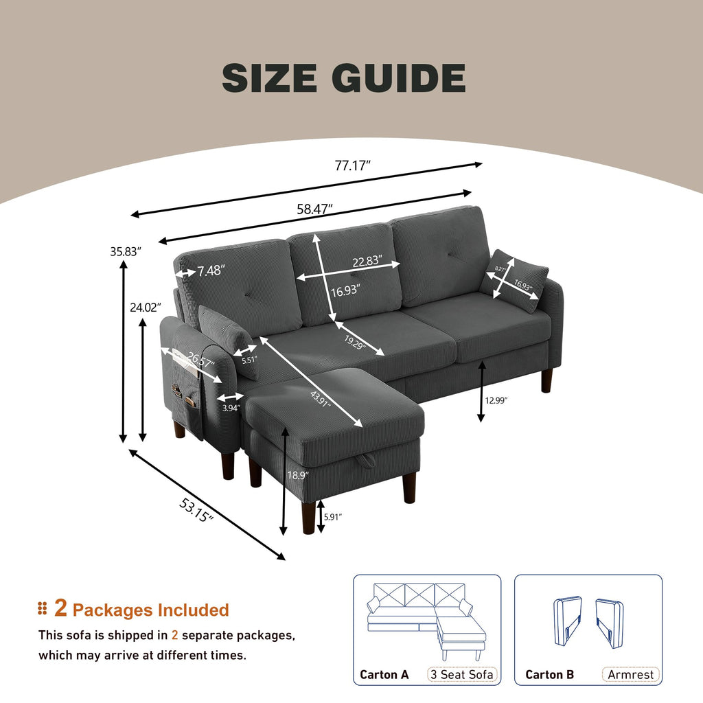 Modern Sectional Sofa with Storage Ottoman, L-Shaped 3-Seat Couch with 2 Pillows and Side Storage Pockage, Reversible