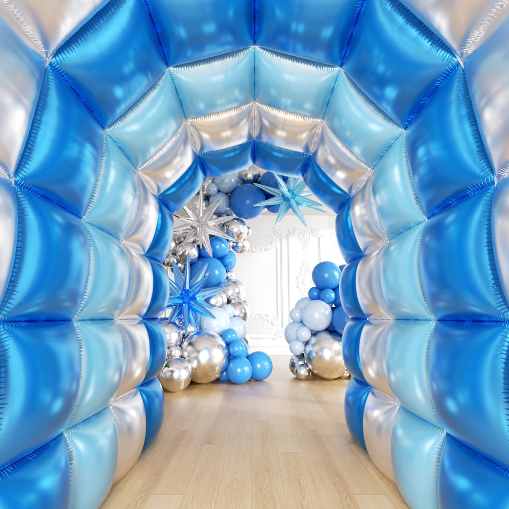 36pcs Blue and Silver Square Foil Balloons Wall Backdrop with 121pcs Balloon Garland Arch Kit, Double Sided Balloons