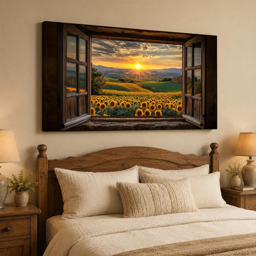 Sunflower Wall Art, Rustic Farmhouse Landscape Canvas Art, Fake Window Sunflower Field Painting, Flower Pictures Wall
