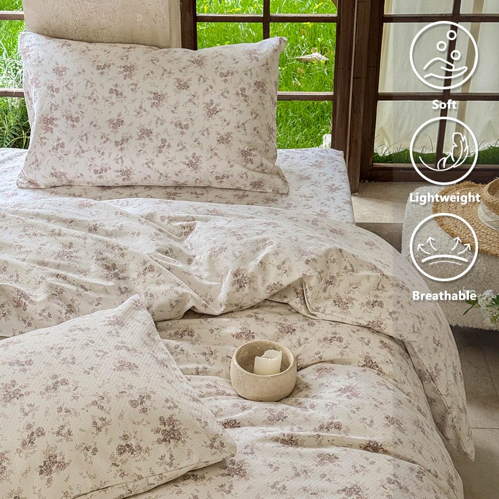 French Flax Linen Cotton Blend Duvet Cover Set, Red Floral