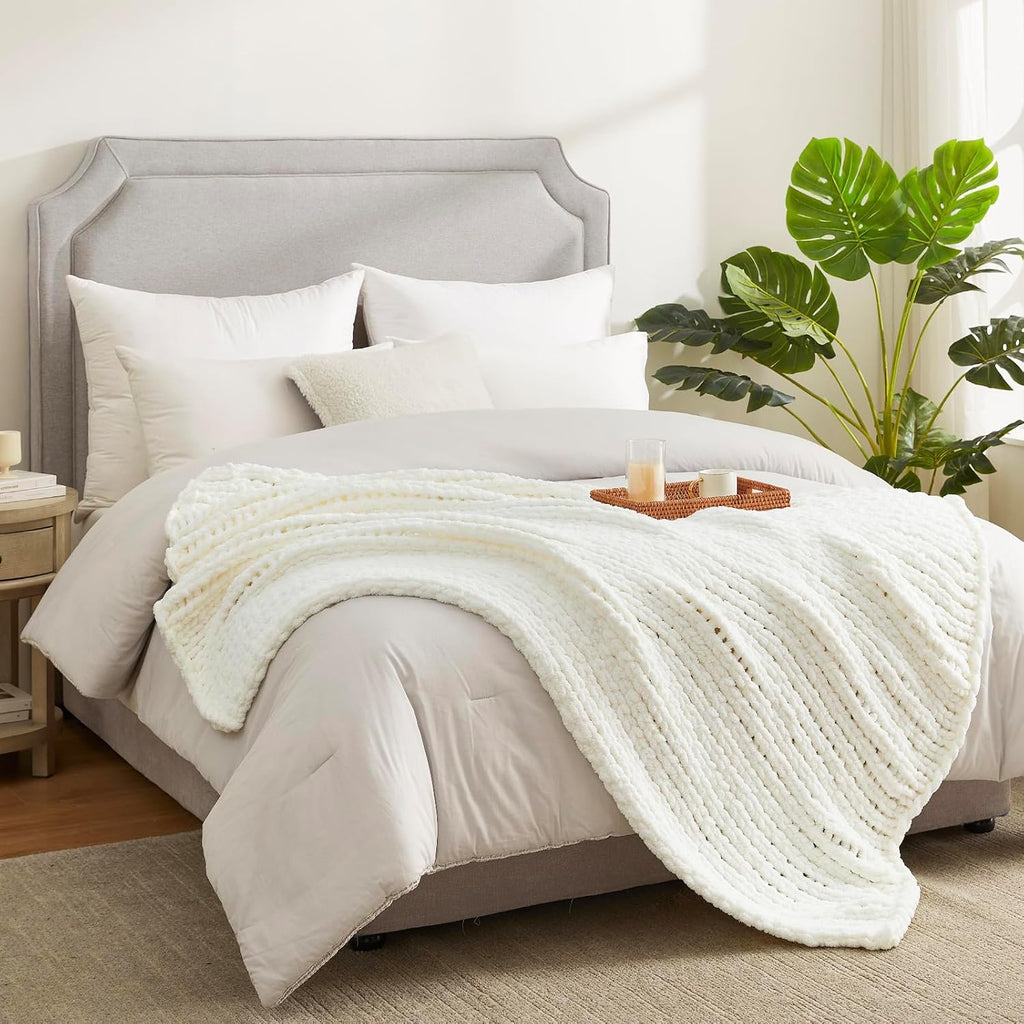 Chunky Knit Throw Blanket, Soft Chenille Handmade Crochet Throw Rope Knot Blanket, 50"x60", Ivory