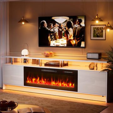 80 inch TV Stand with Electric Fireplace 42", Modern Fireplace Entertainment Center for Up to 90" TVs, LED Lights, 2