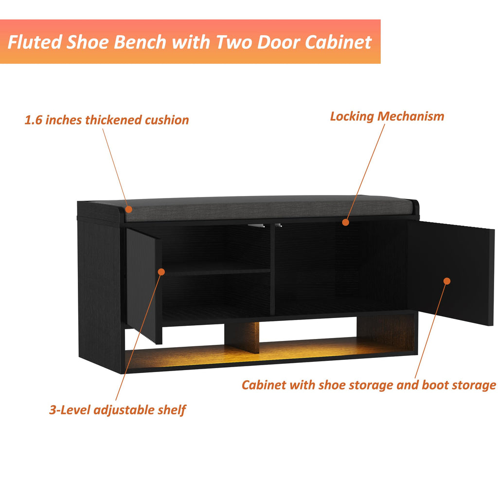 39.4" Fluted Shoe Storage Bench, Entryway Bench with Linen Seat Cushion, Shoe Cabinet Bench with Adjustable Shelf and