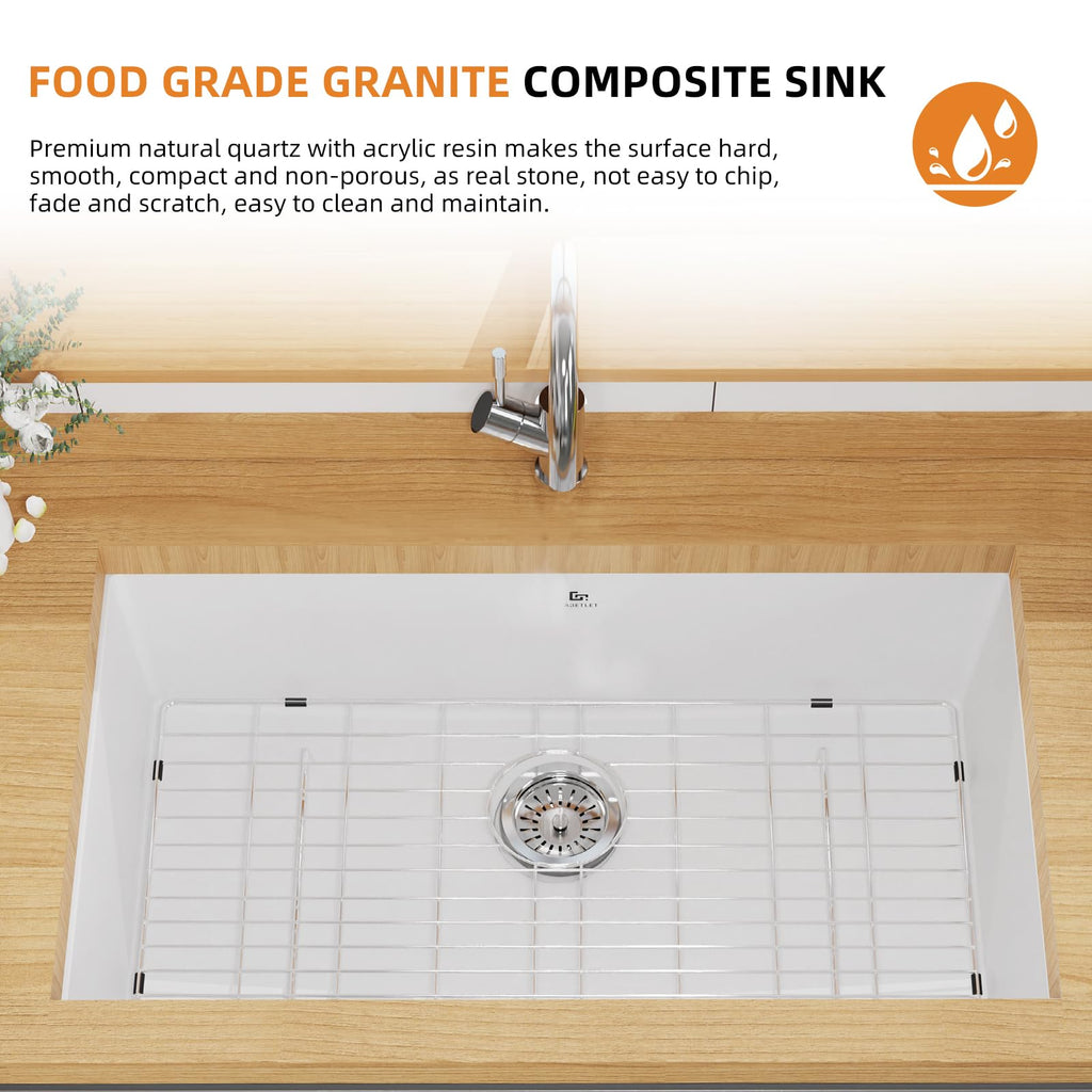 Quartz Kitchen Sink, 30 Inch White Undermount Kitchen Sinks, Deep Single Bowl Granite Composite Sink, Modern Sinks