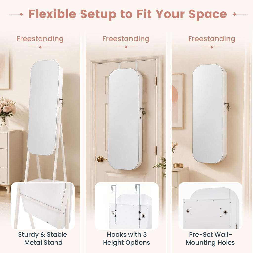 3-in-1 Jewelry Cabinet Standing, Wall Mount & Over the Door, White