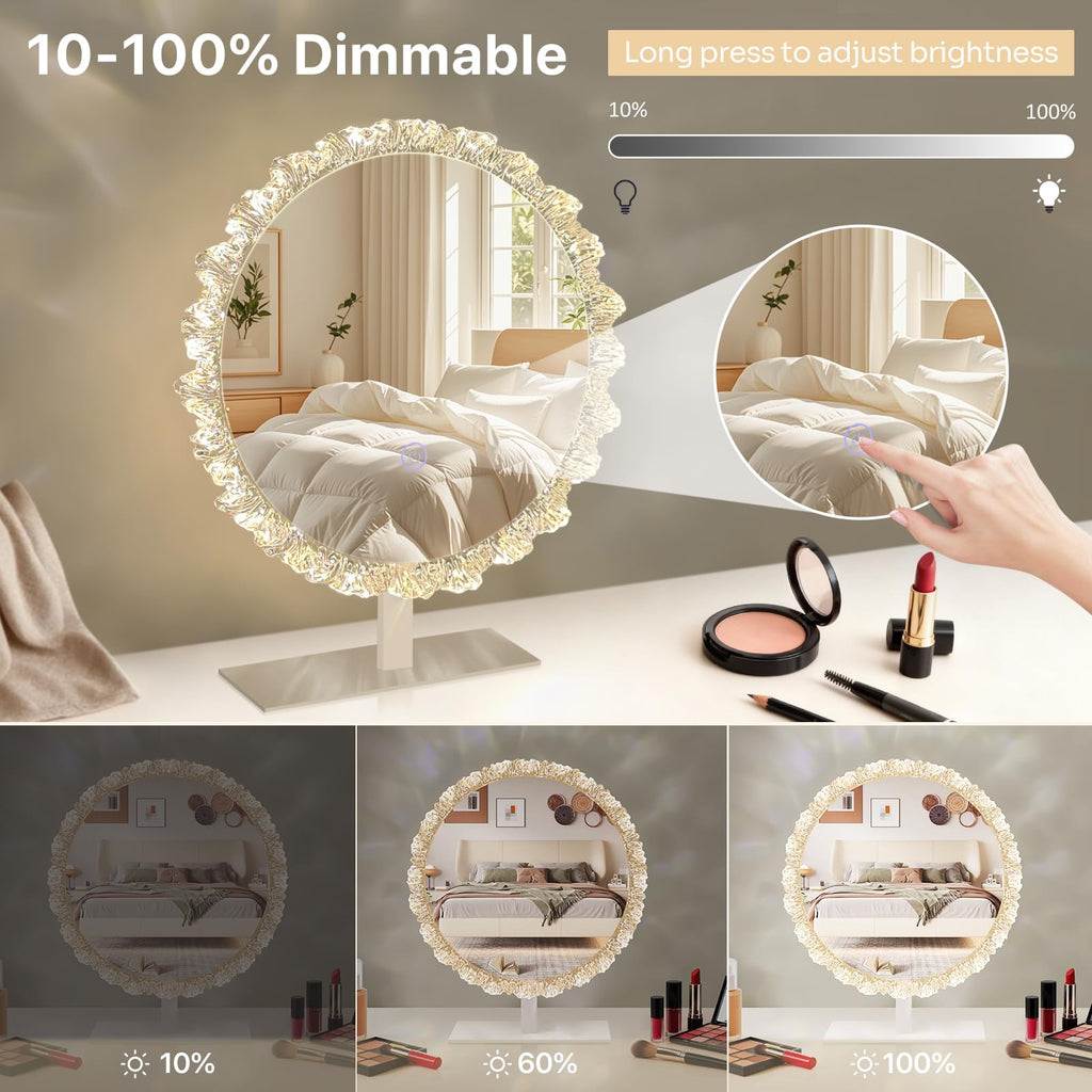 Round Vanity Mirror with Lights, 16" Crystal Frame, Touch Control