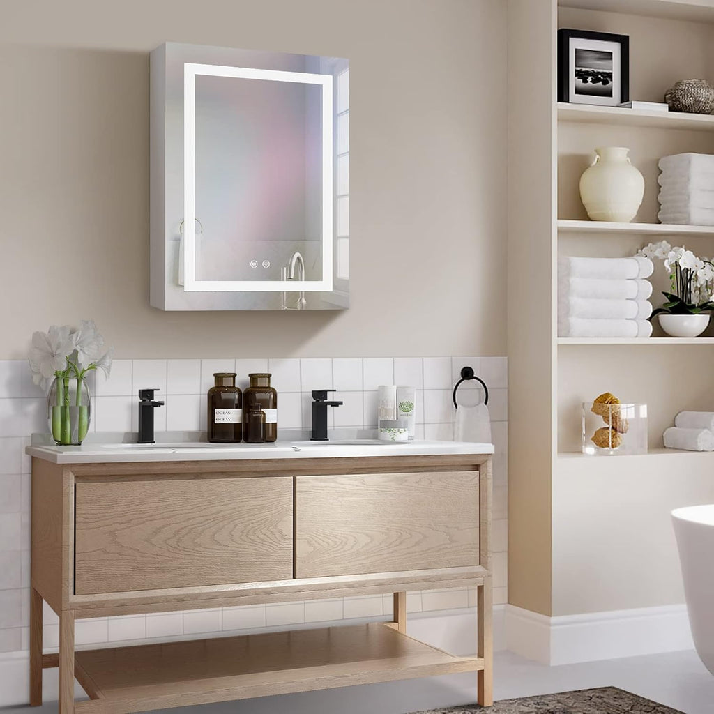 Lighted Medicine Cabinet with Mirror, 20" x 28" LED Medicine Cabinet with Lights, Wall Mounted with Storage Shelves