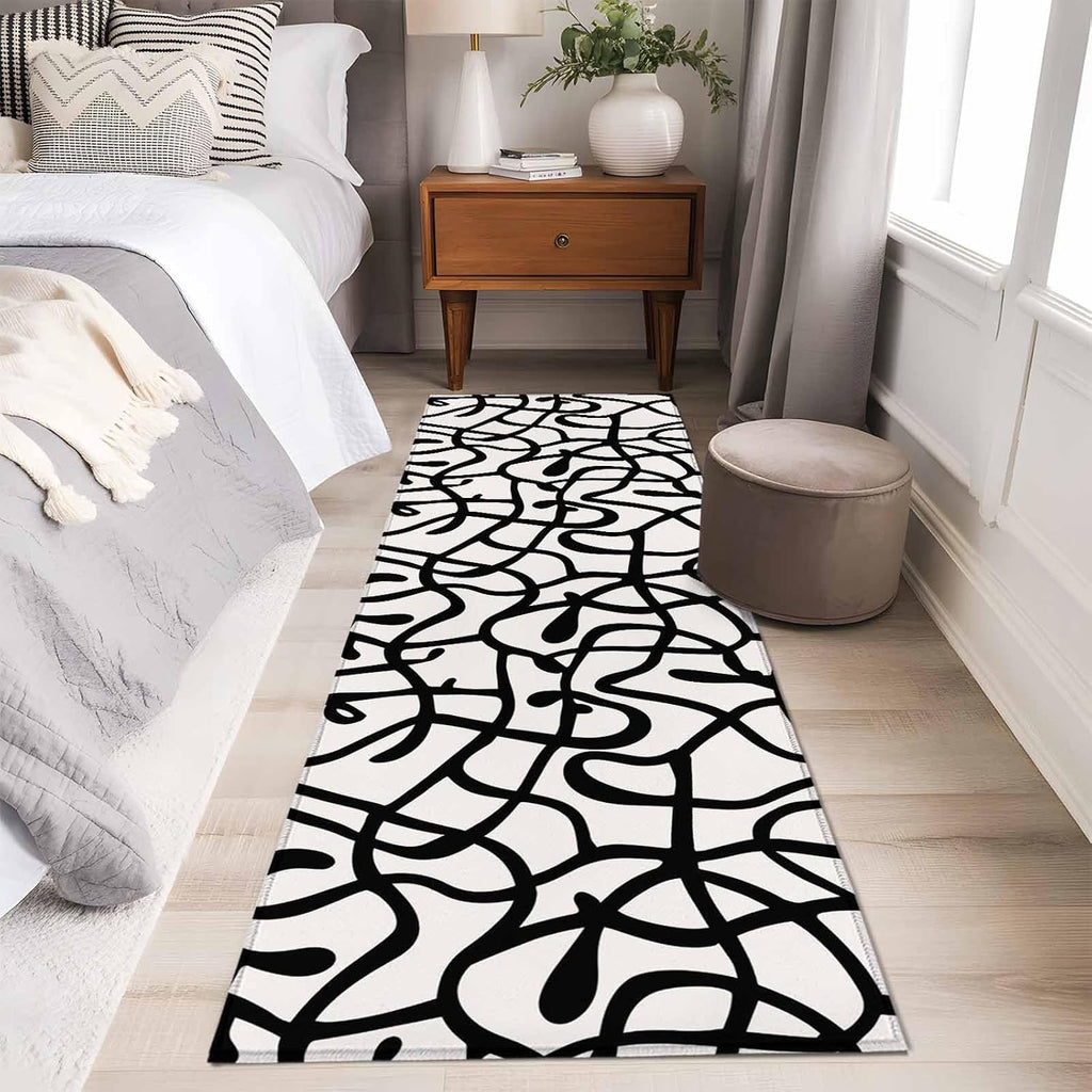 Abstract Line Runner Rug Non Slip 2x6 Retro Black Wave Line Art White Minimalist Washable Rug Runner s Low Pile