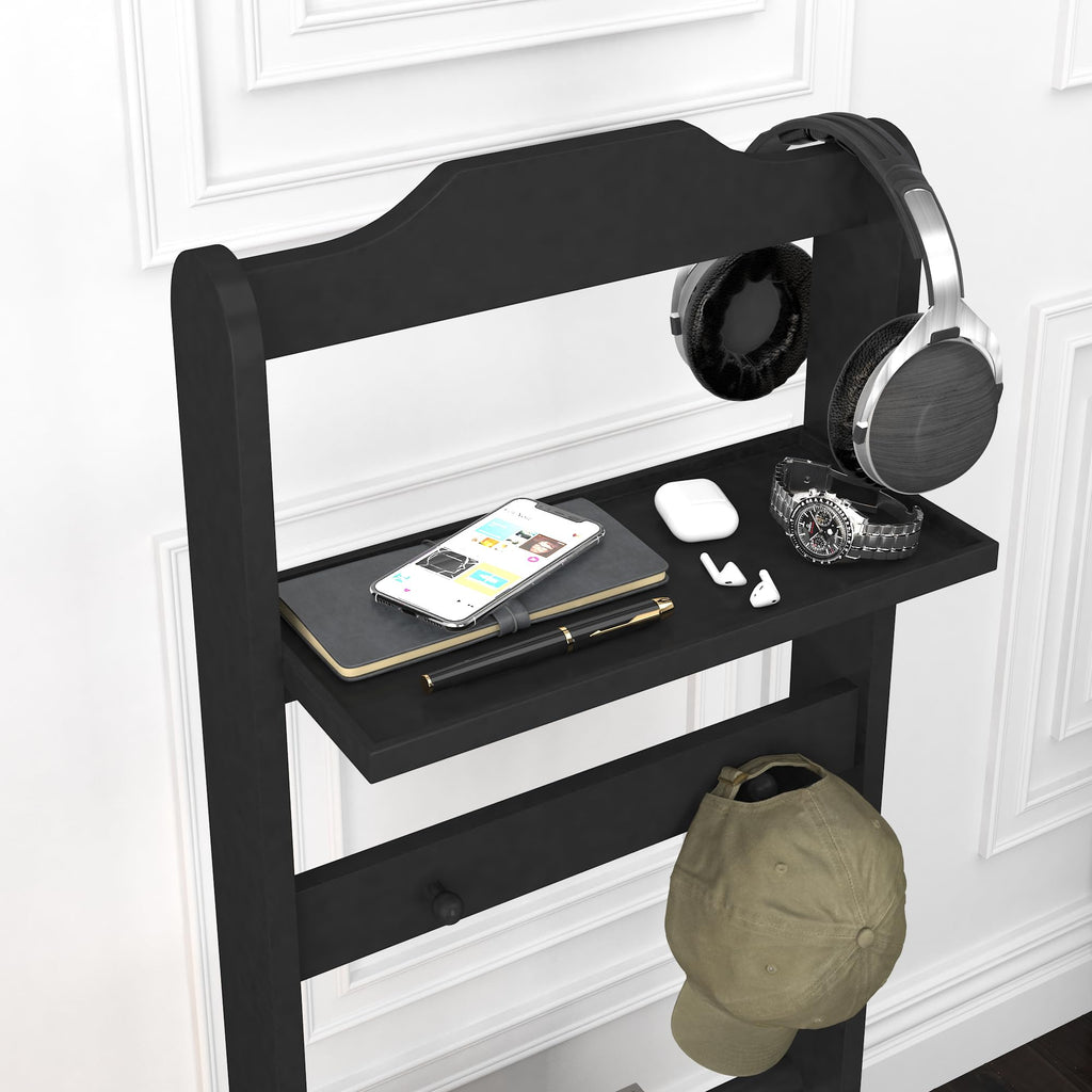 Suit Valet Stand for Men, Wooden Clothes Rack with Tray, Black