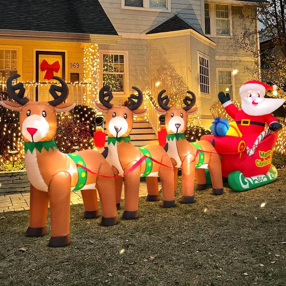 12FT Christmas Inflatables Santa Claus on Sleigh with Reindeer Deer Merry Christmas Winter Blow up Yard Décor LED