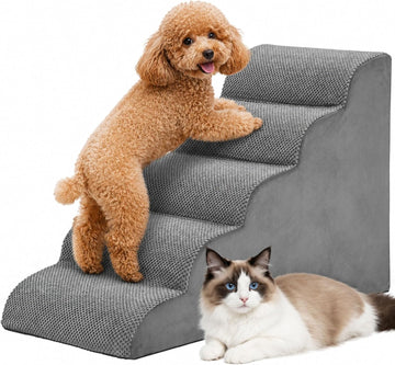 Dog Stairs for Small Dogs and Cats, 5-Step Curved Pet Dog Steps, Gray