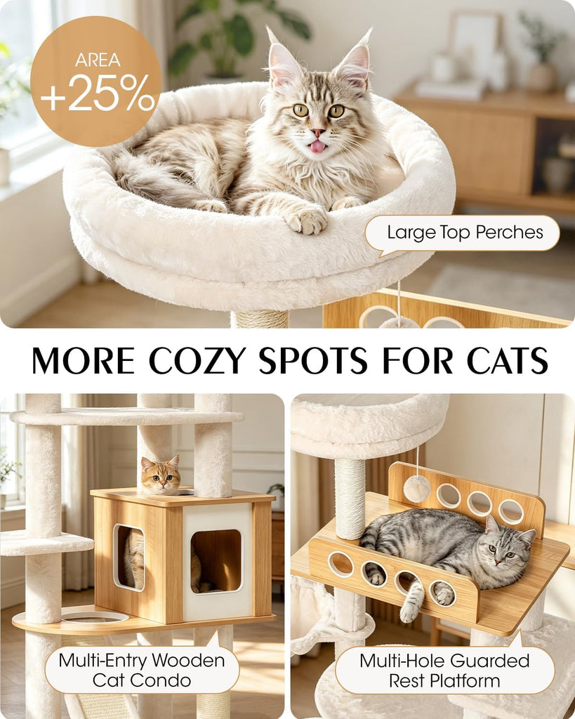 70" Wood Cat Tree for Large Cats, Tall Cat Tower, Reinforced Base