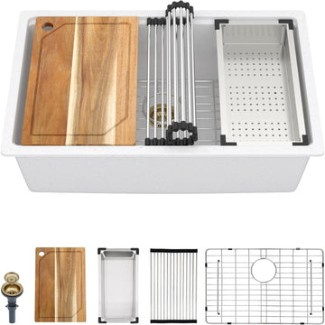 28 Inch Granite Composite Kitchen Sink - White Undermount Workstation All-In One Quartz Classic Single Bowl Sink