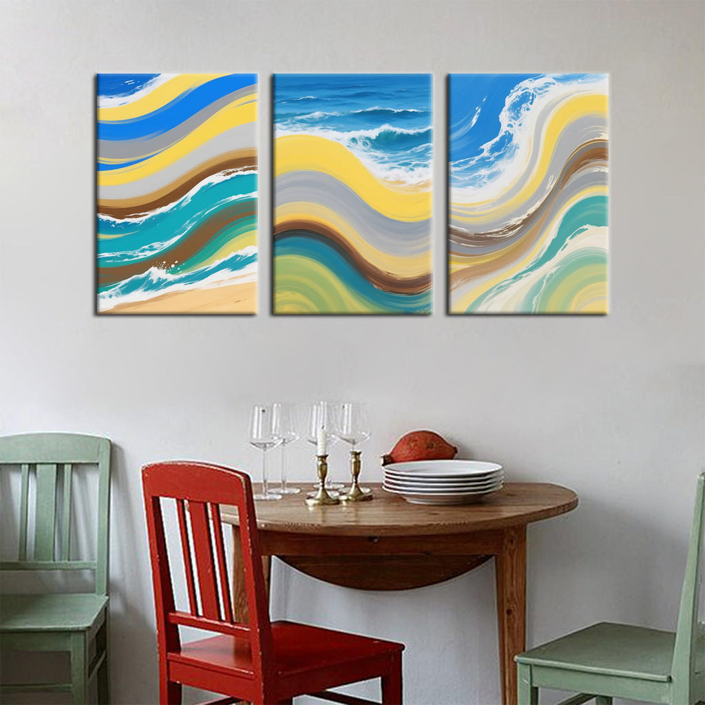 3 Piece Blue Wave Canvas Wall Art, Marbled Coastal Office Decor