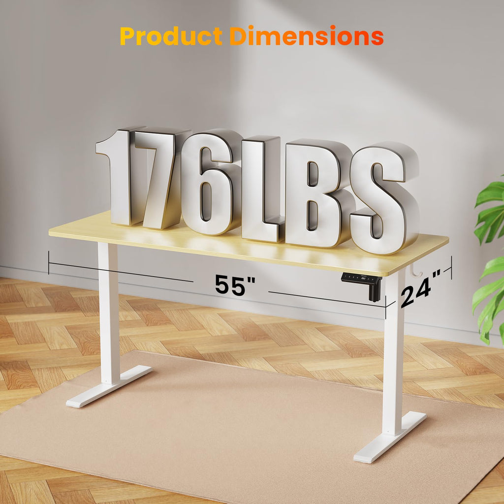 55x24 Inches Height Adjustable Electric Standing Desk with 2 Hooks, Ergonomic Sit Stand up Desk with Splice Board