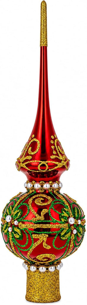 Red Glass Christmas Tree Topper with Green and Gold Glitter, 11 Inches