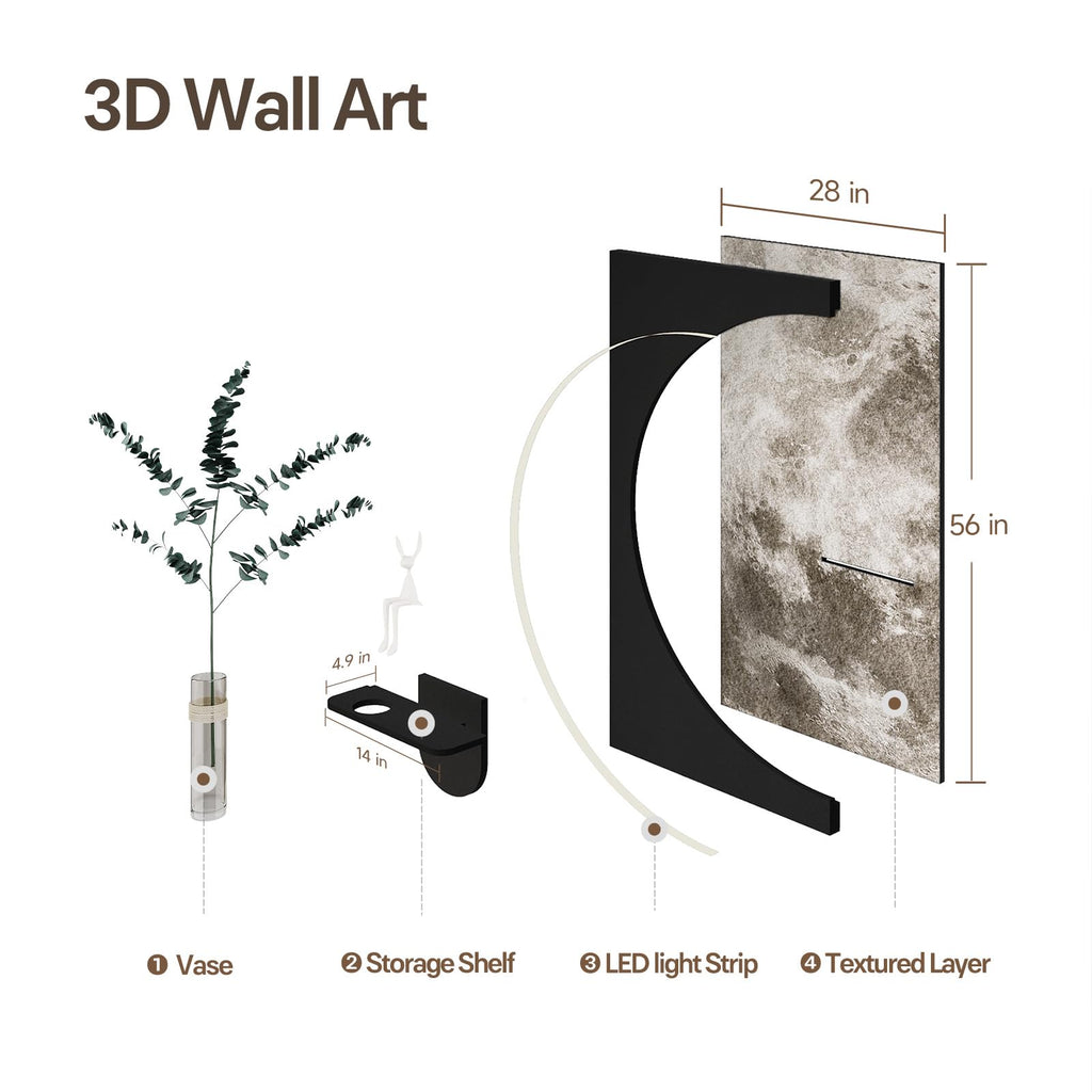 Large 3D LED Moon Wall Art Decor, Modern Black 30x60 Inch