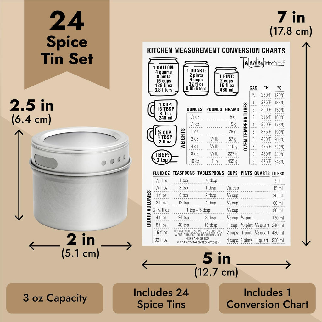 Magnetic Spice Jars - 3 oz, Stainless Steel, 24-Pack - Spice Tins with Sift & Pour Lids & Fridge Magnets Organization