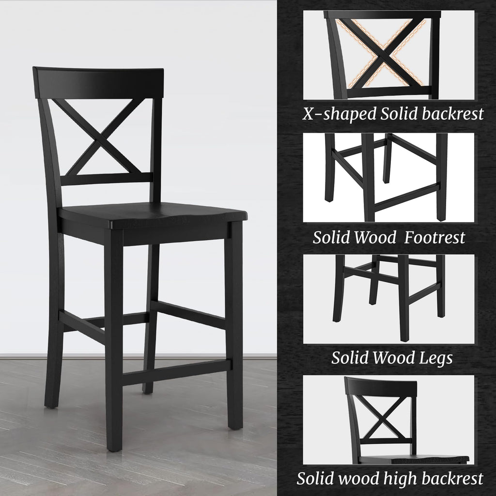 Bar Stools Set of 2, 24" Wooden Barstools with X Back, Black