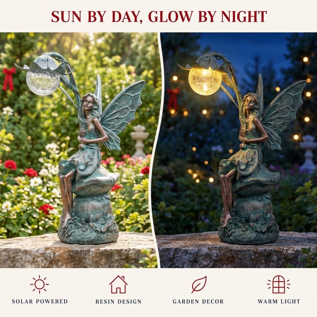 Fairy Garden Statue Solar Resin Patina Bronze 13.8"