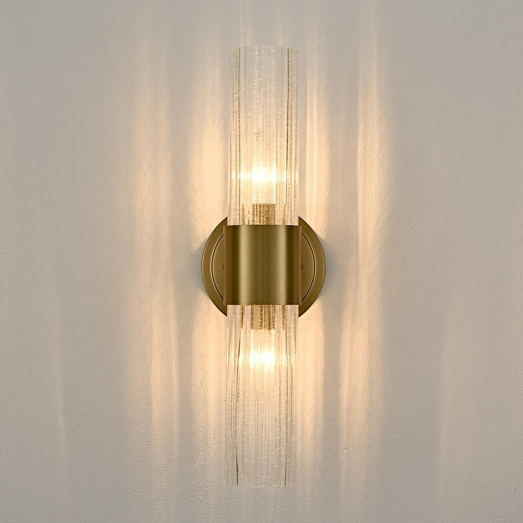 Modern Gold Wall Sconce with Crackle Reeded Glass Shade | Gold 2-Light Wall Light, E12 Indoor Wall Lighting for