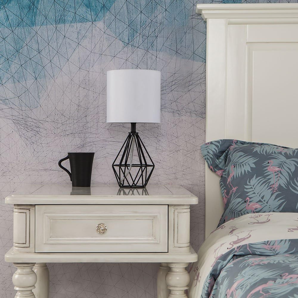 Black Bedside Table Lamp, Small Nightstand Lamp, Modern Desk Lamp with TC Fabric Shade Geometric Metal Base Study