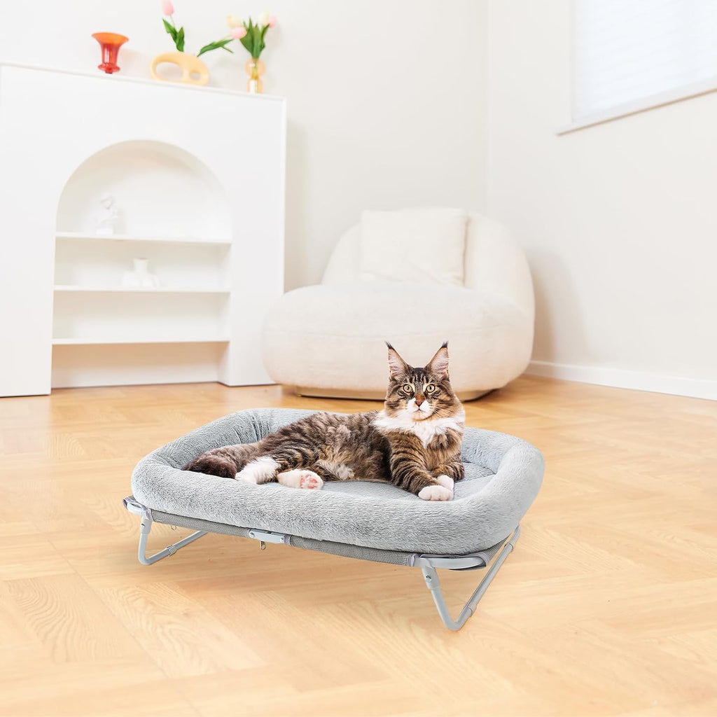 Elevated Cat Bed Foldable Raised Pet Hammock Self-Supporting Puppy Lounger with Off Floor Metal Frame Washable Cover
